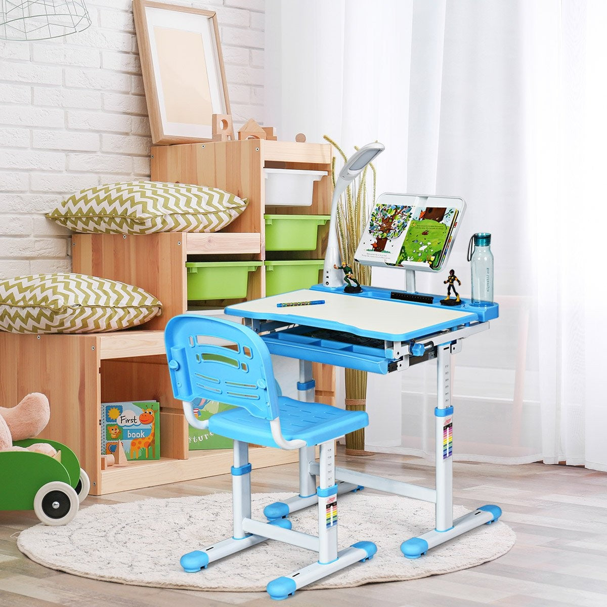 Children's desk, tilt-adjustable, student desk with lamp and chair, choice of colours: blue