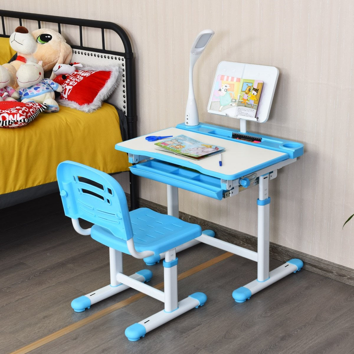 Children's desk, tilt-adjustable, student desk with lamp and chair, choice of colours: blue