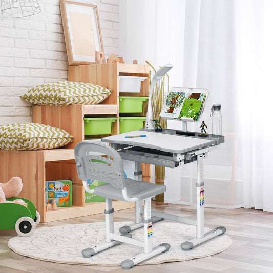 Children's desk, tilt-adjustable, student desk with lamp and chair, choice of colours: grey