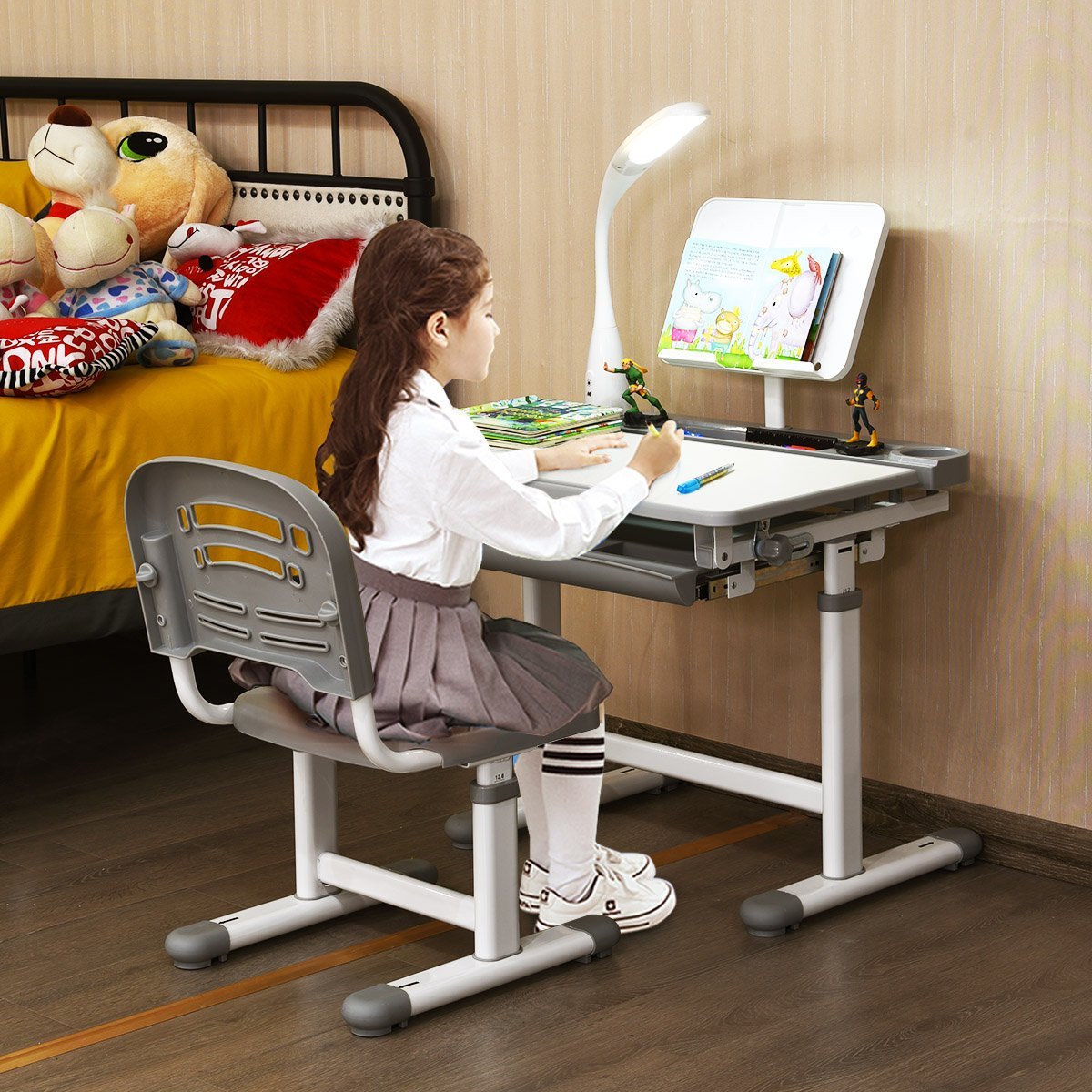 Children's desk, tilt-adjustable, student desk with lamp and chair, choice of colours: grey