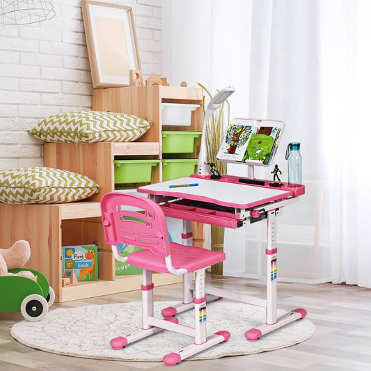 Children's desk, tilt-adjustable, student desk with lamp and chair, choice of colours: pink