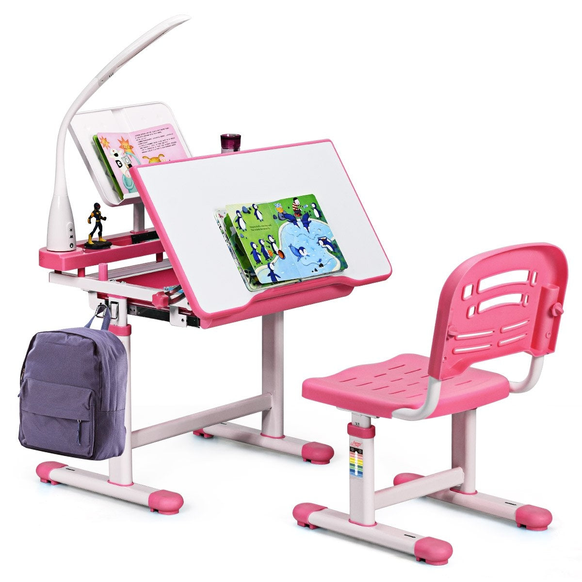 Children's desk, tilt-adjustable, student desk with lamp and chair, choice of colours: pink