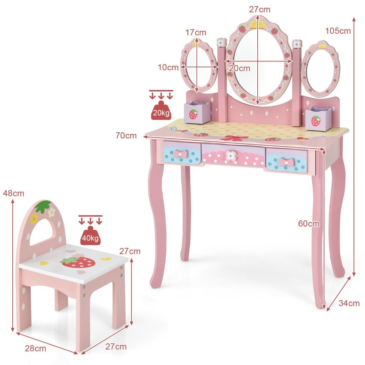 Children's dressing table children's hairdressing set with mirror 70 x 34 x 105 cm pink
