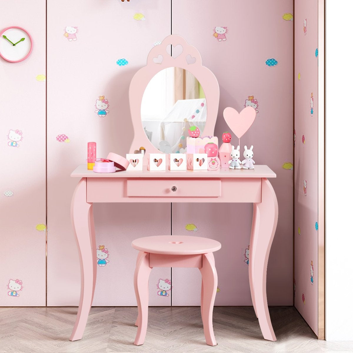 Children's dressing table, dressing table, make-up table with stool and mirror pink