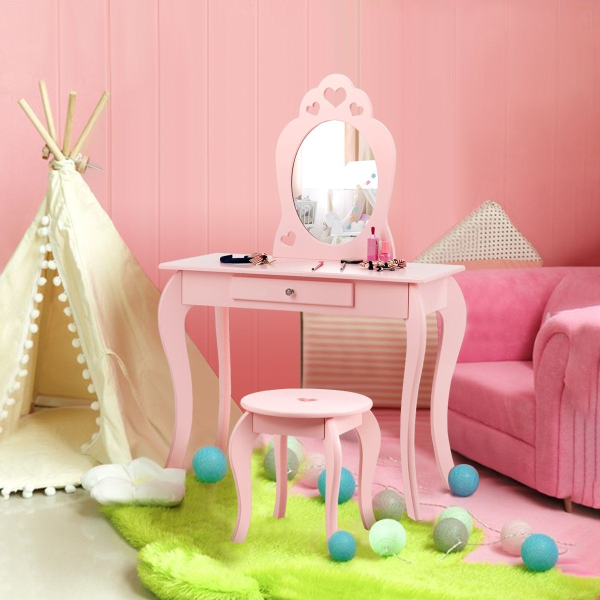 Children's dressing table, dressing table, make-up table with stool and mirror pink
