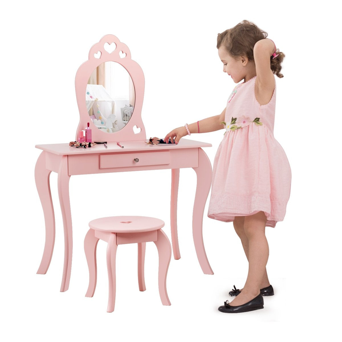 Children's dressing table, dressing table, make-up table with stool and mirror pink