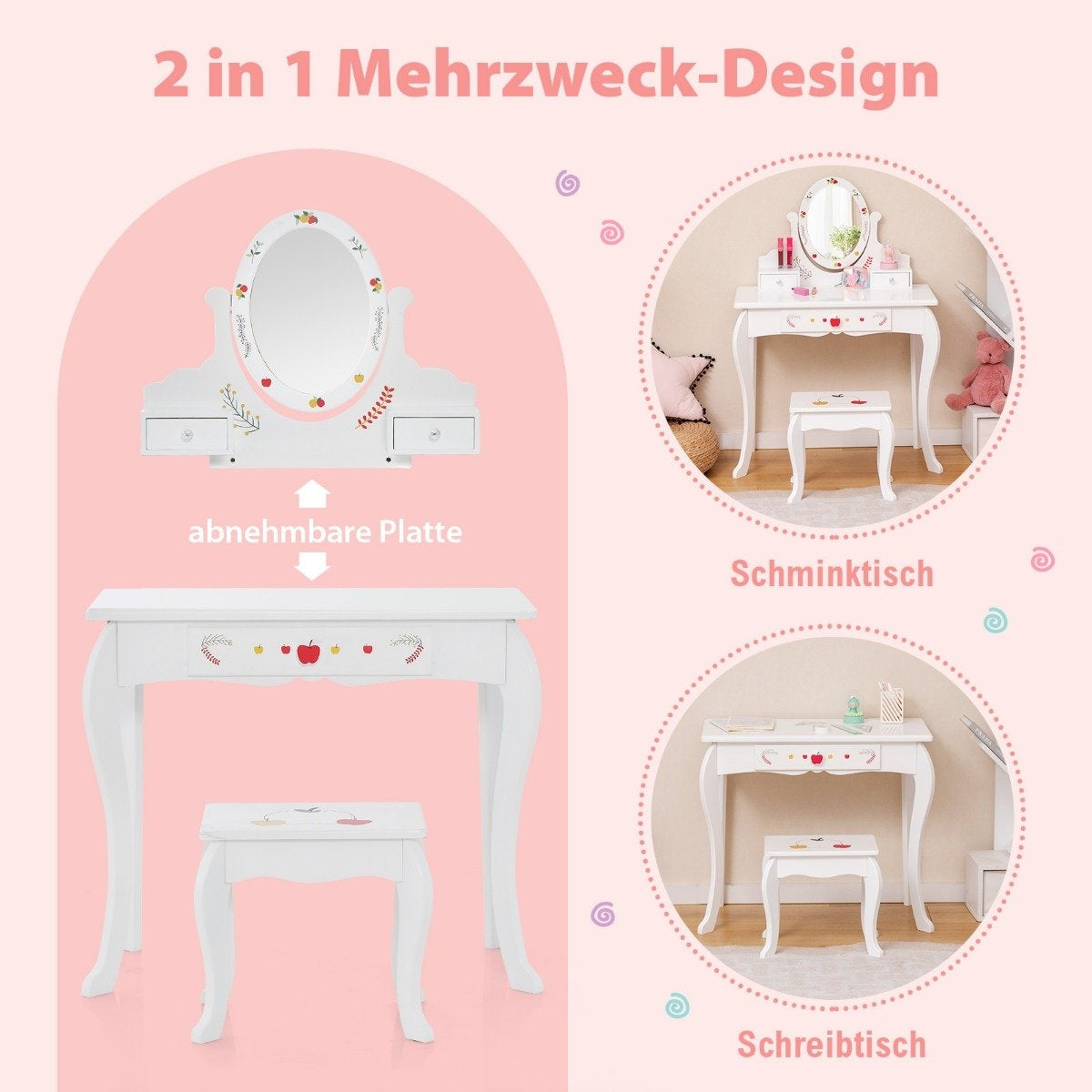 Children's dressing table & stool set dressing table with 360° rotating mirror white