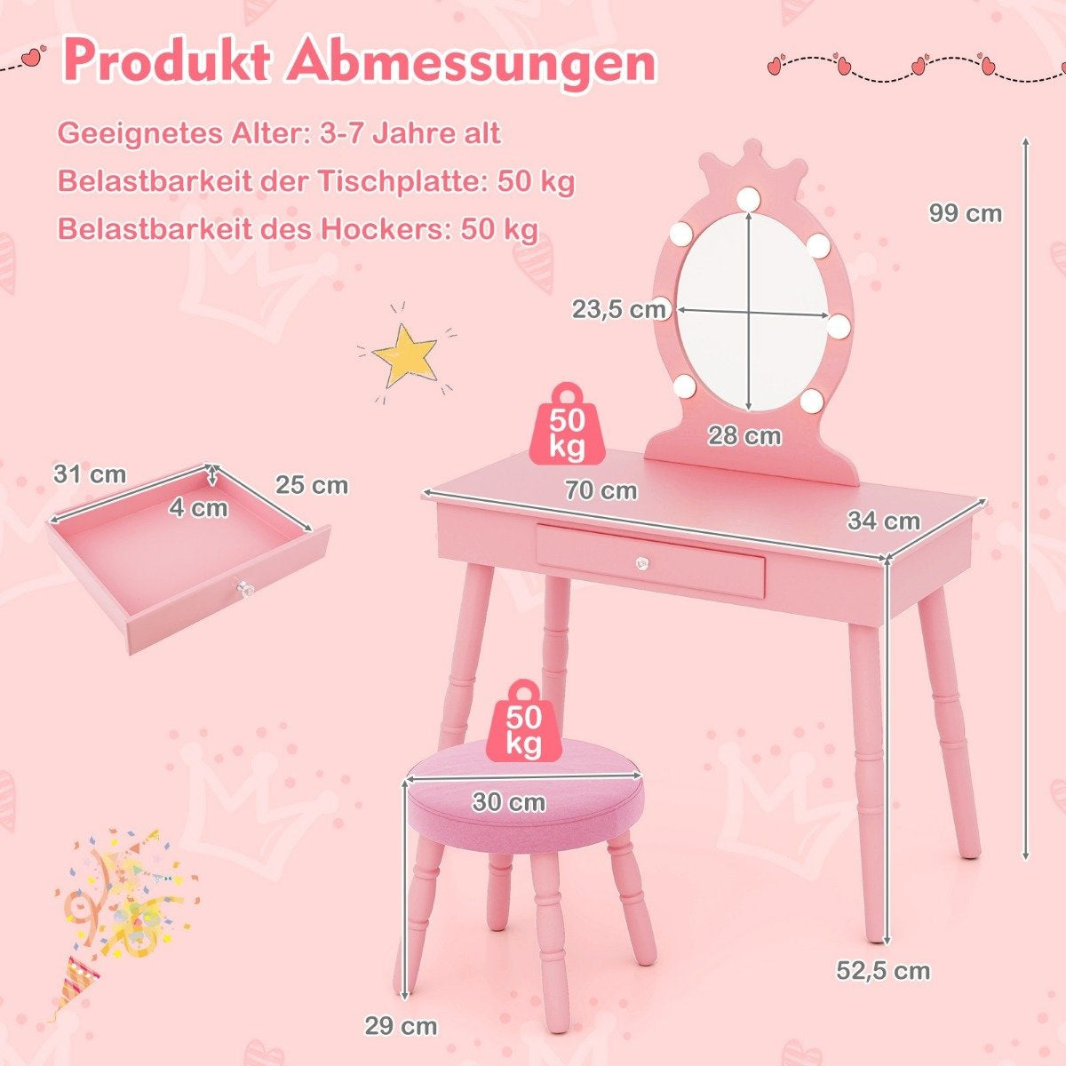 Children's dressing table with lighting 2 in 1 dressing table princess with removable mirror pink