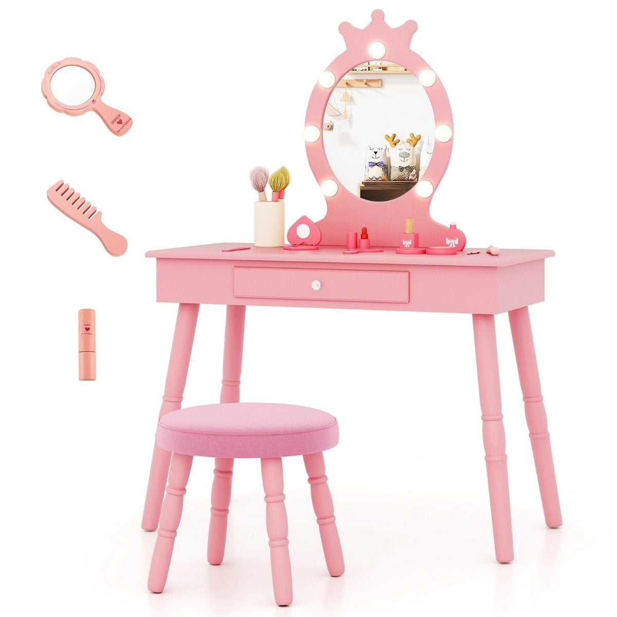 Children's dressing table with lighting 2 in 1 dressing table princess with removable mirror pink