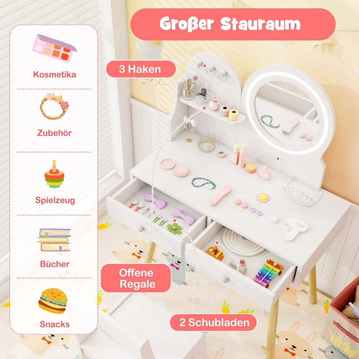 Children's dressing table with lighting 2 in 1 dressing table with mirror white