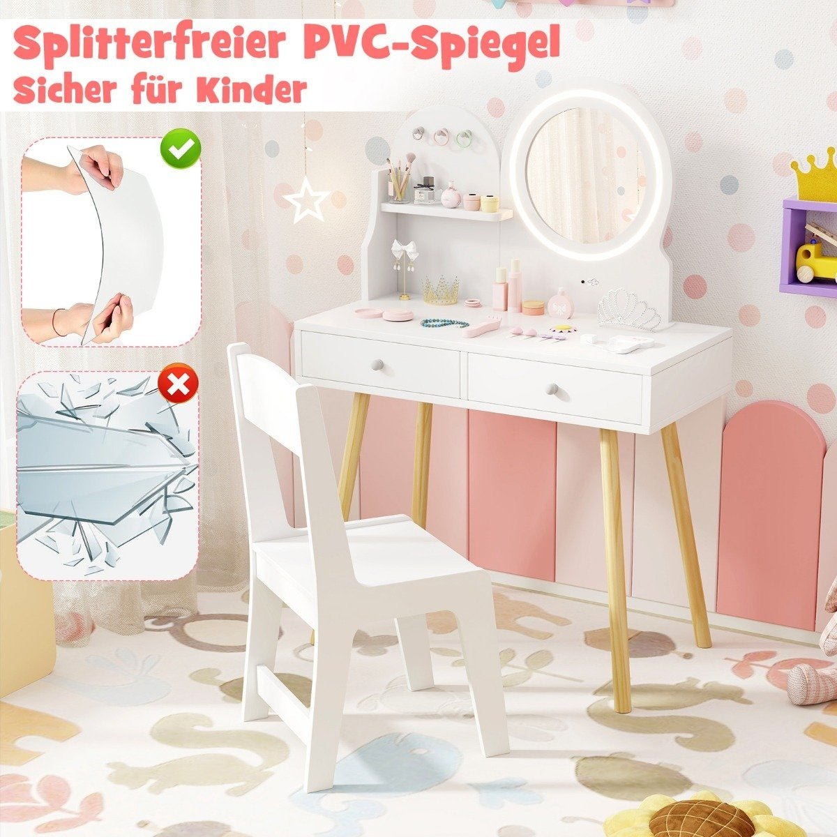 Children's dressing table with lighting 2 in 1 dressing table with mirror white