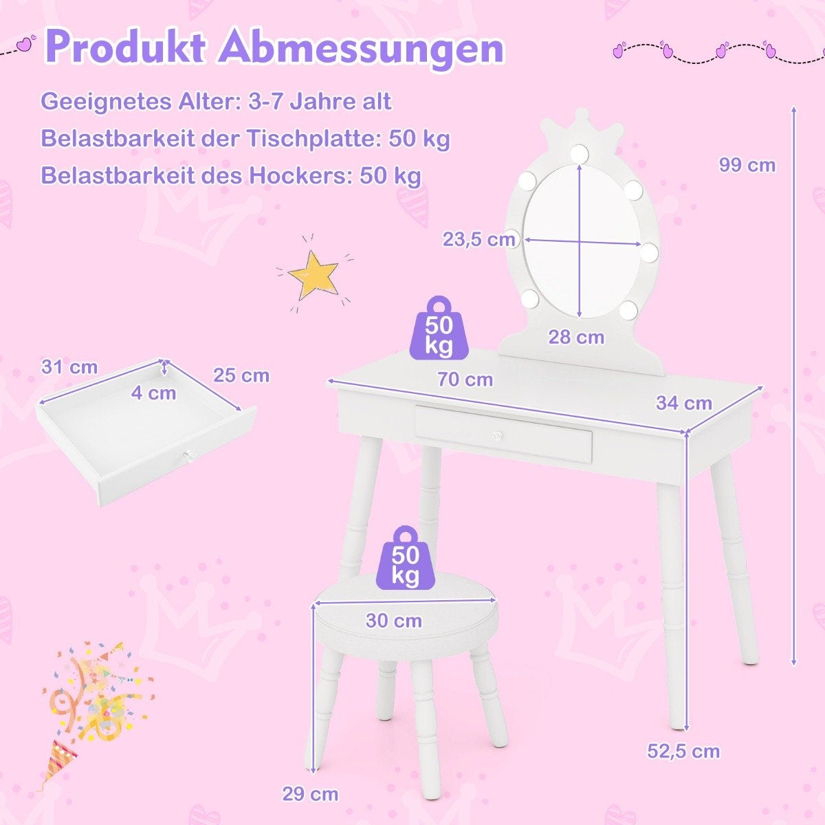 Children's dressing table with lighting 2 in 1 princess dressing table with removable mirror white