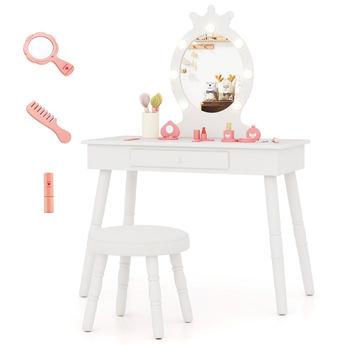 Children's dressing table with lighting 2 in 1 princess dressing table with removable mirror white