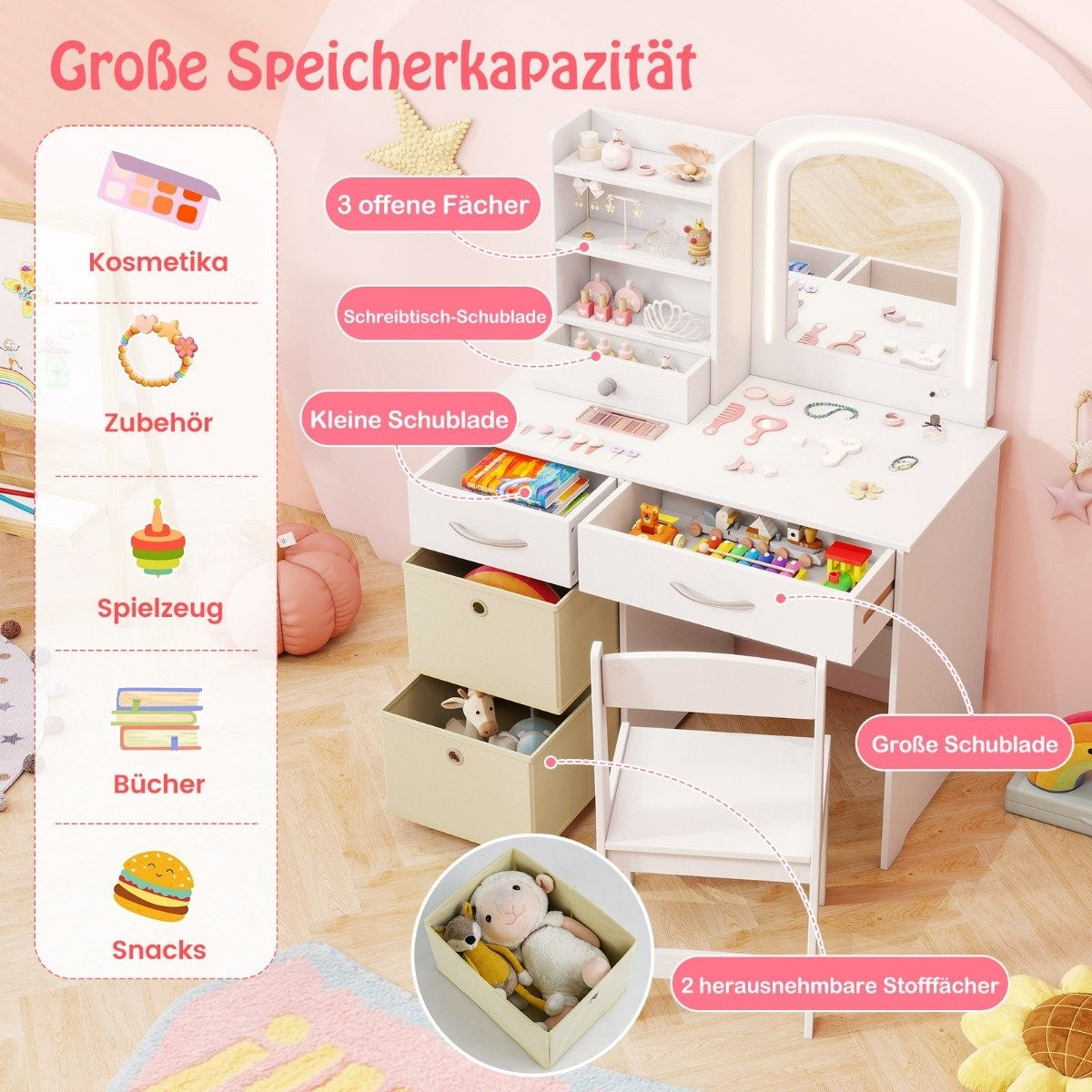 Children's dressing table with lighting Children's dressing table with mirror Dressing table White