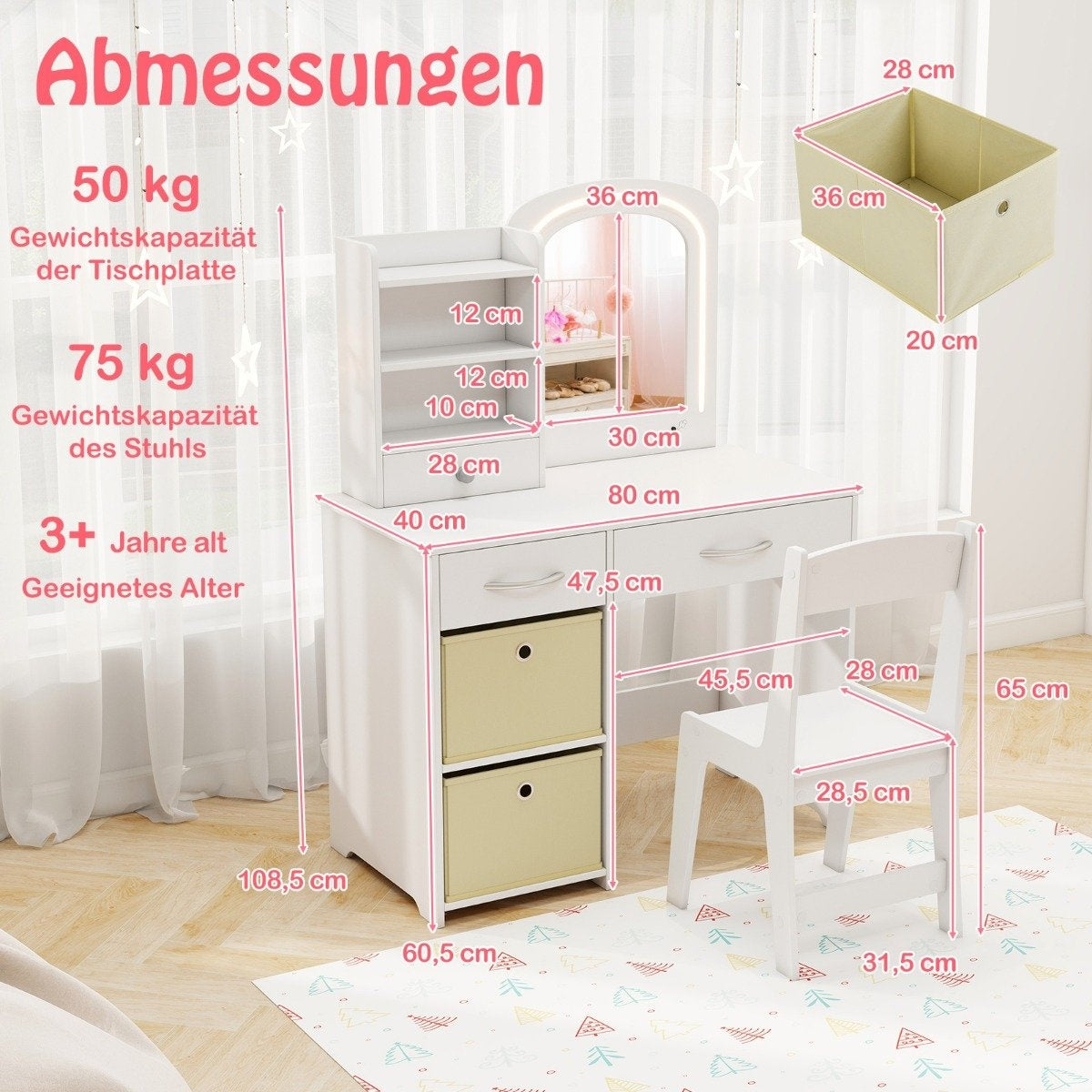 Children's dressing table with lighting Children's dressing table with mirror Dressing table White