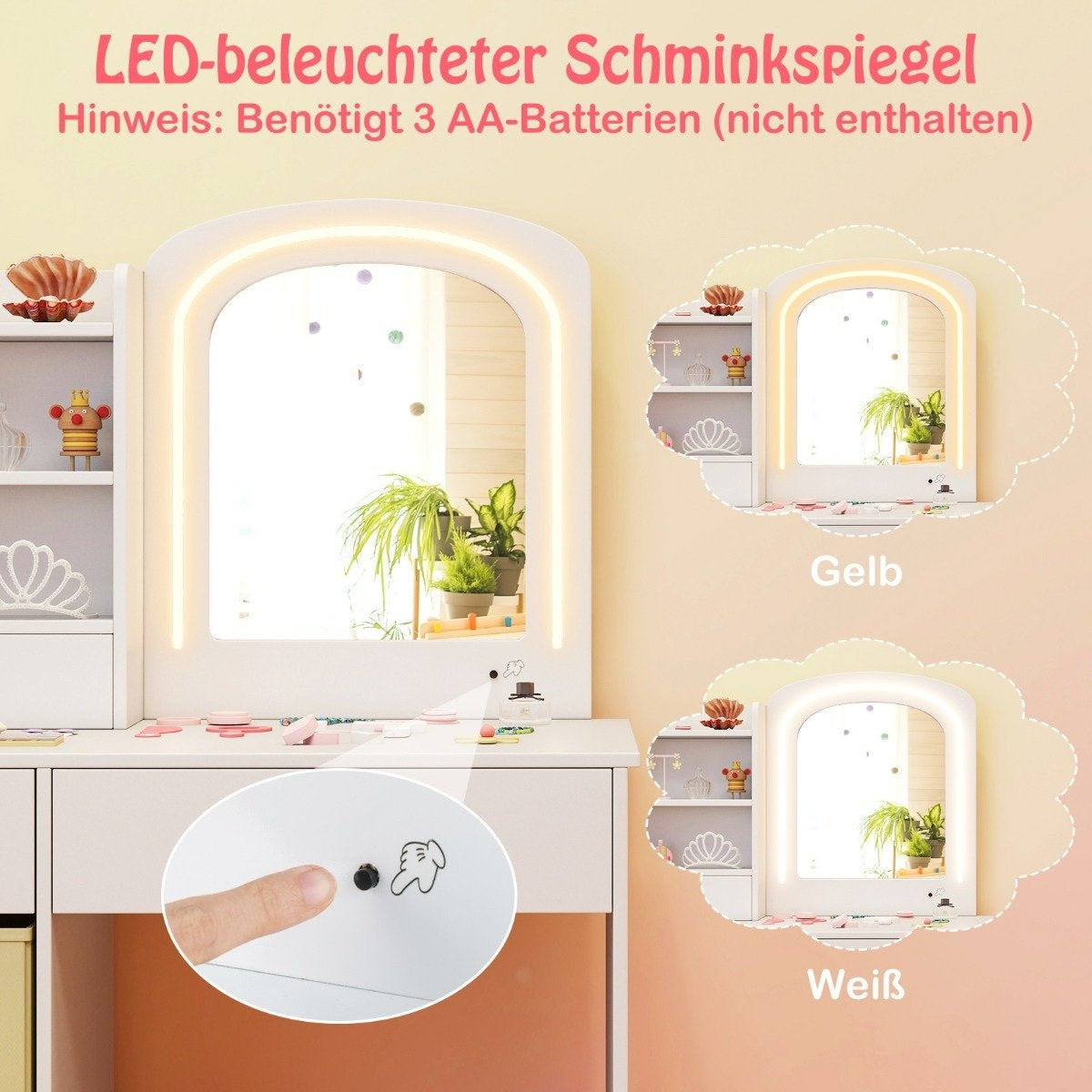 Children's dressing table with lighting Children's dressing table with mirror Dressing table White
