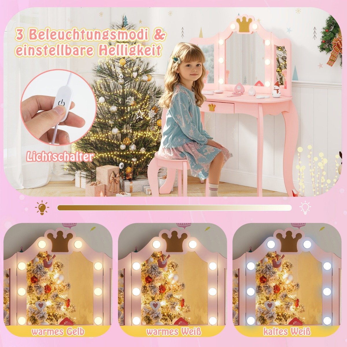 Children's dressing table with lighting, girls' dressing table with three-folding mirror, pink