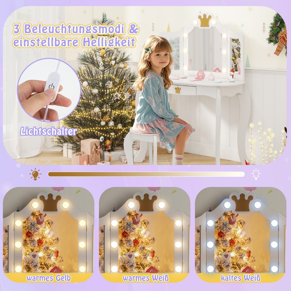 Children's dressing table with lighting, girls' dressing table with three-folding mirror, white
