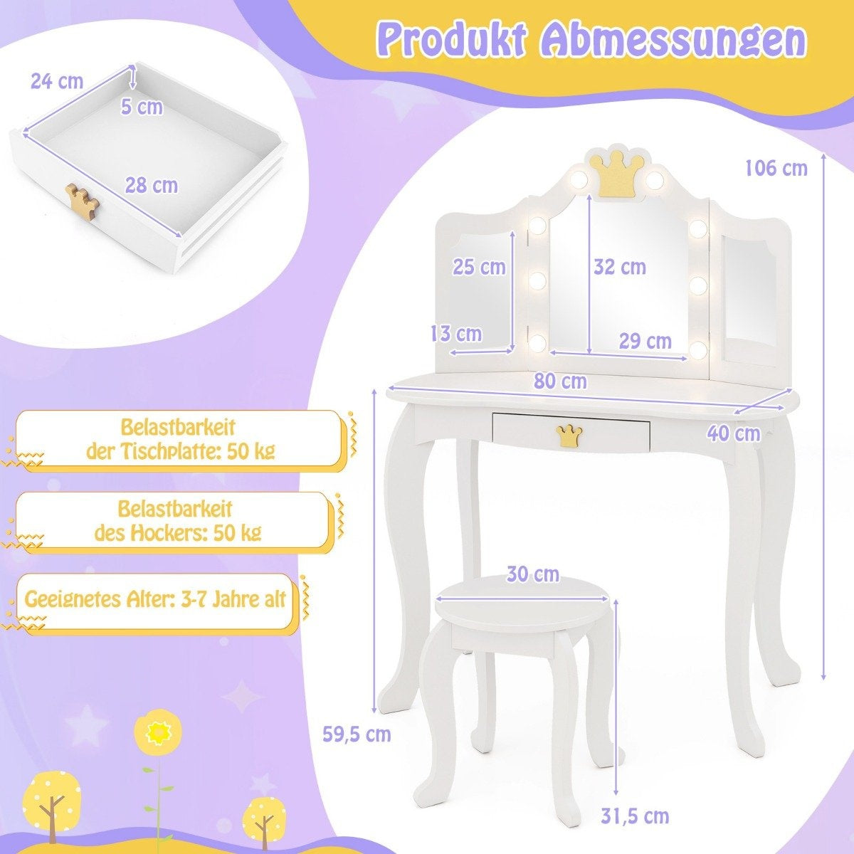Children's dressing table with lighting, girls' dressing table with three-folding mirror, white