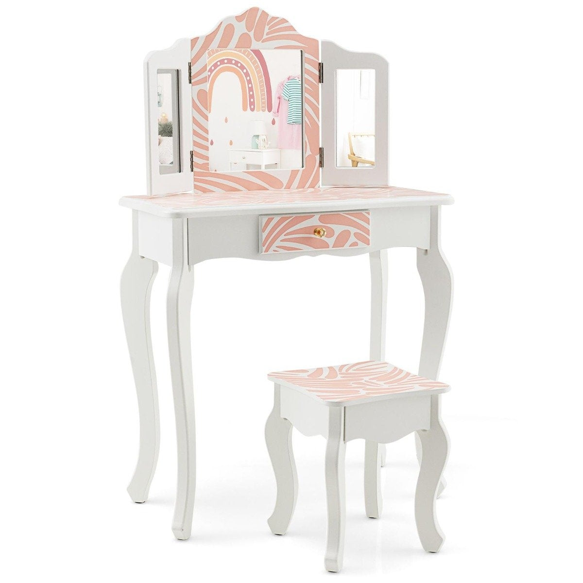 Children's dressing table with stool & triple folding mirror & drawer Zebra