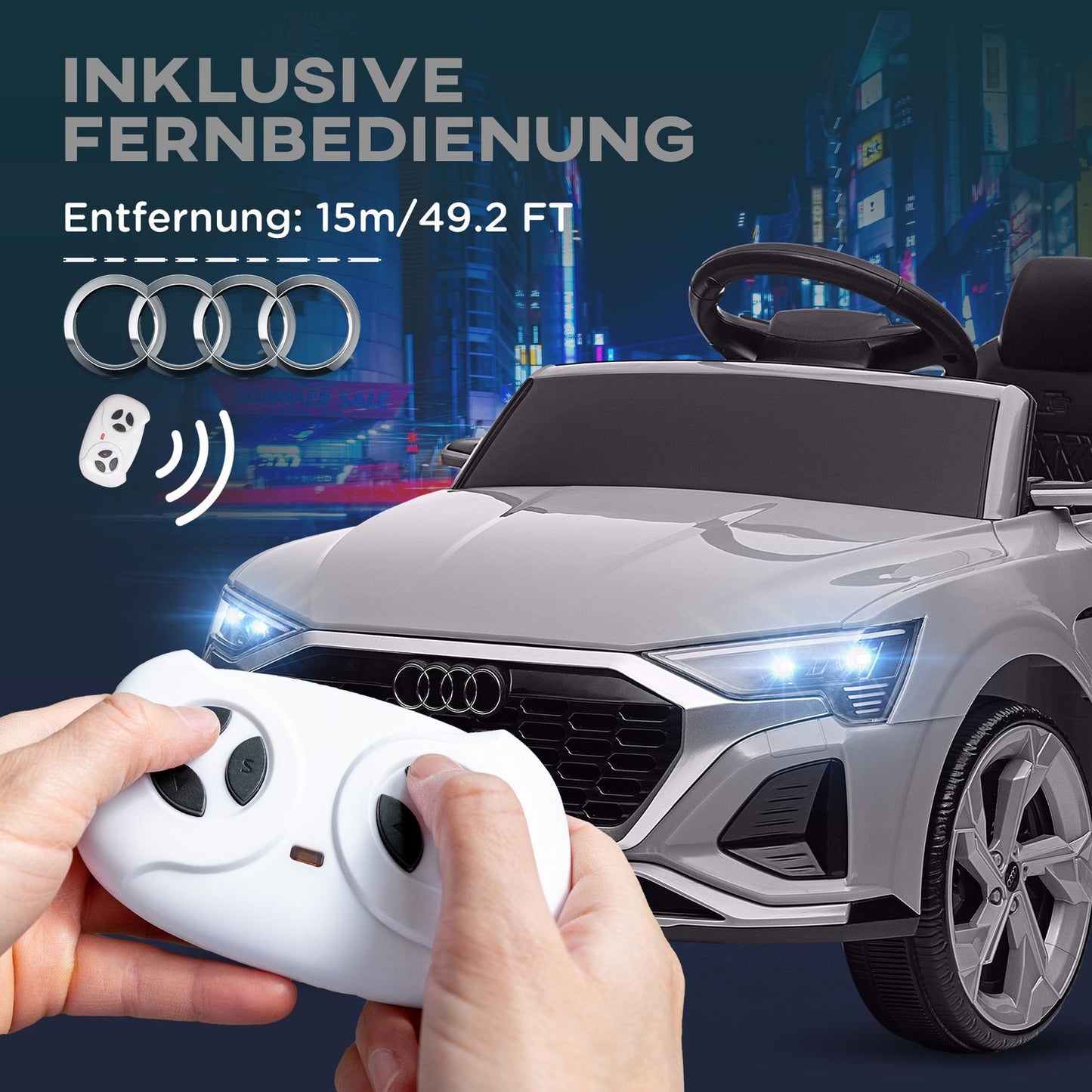 Children's 12V electric car with remote control & music, grey