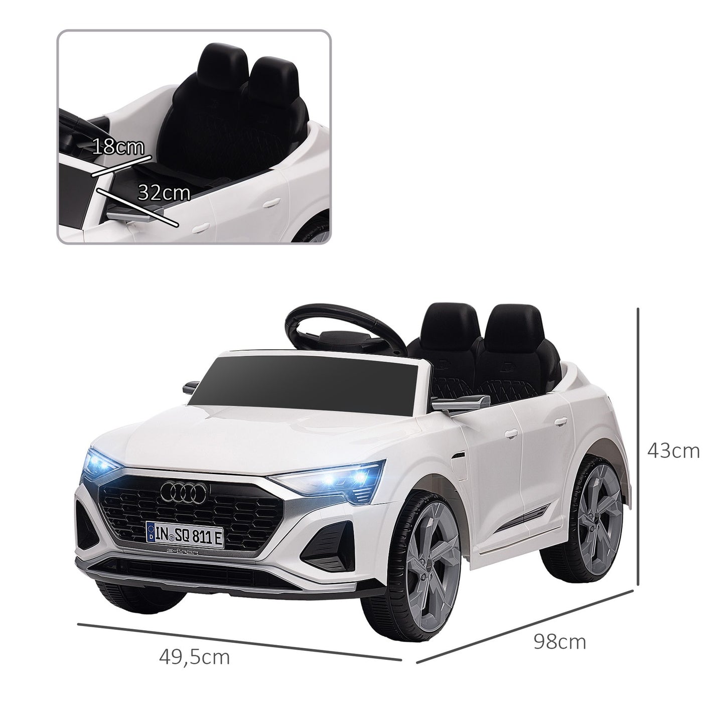 Electric car for children 12V with remote control, MP3 & headlights, white
