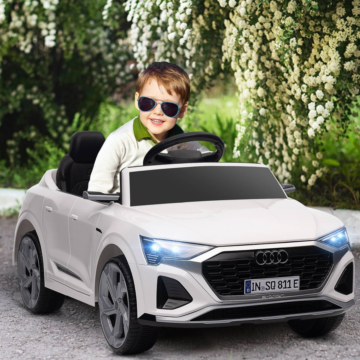 Electric car for children 12V with remote control, MP3 & headlights, white