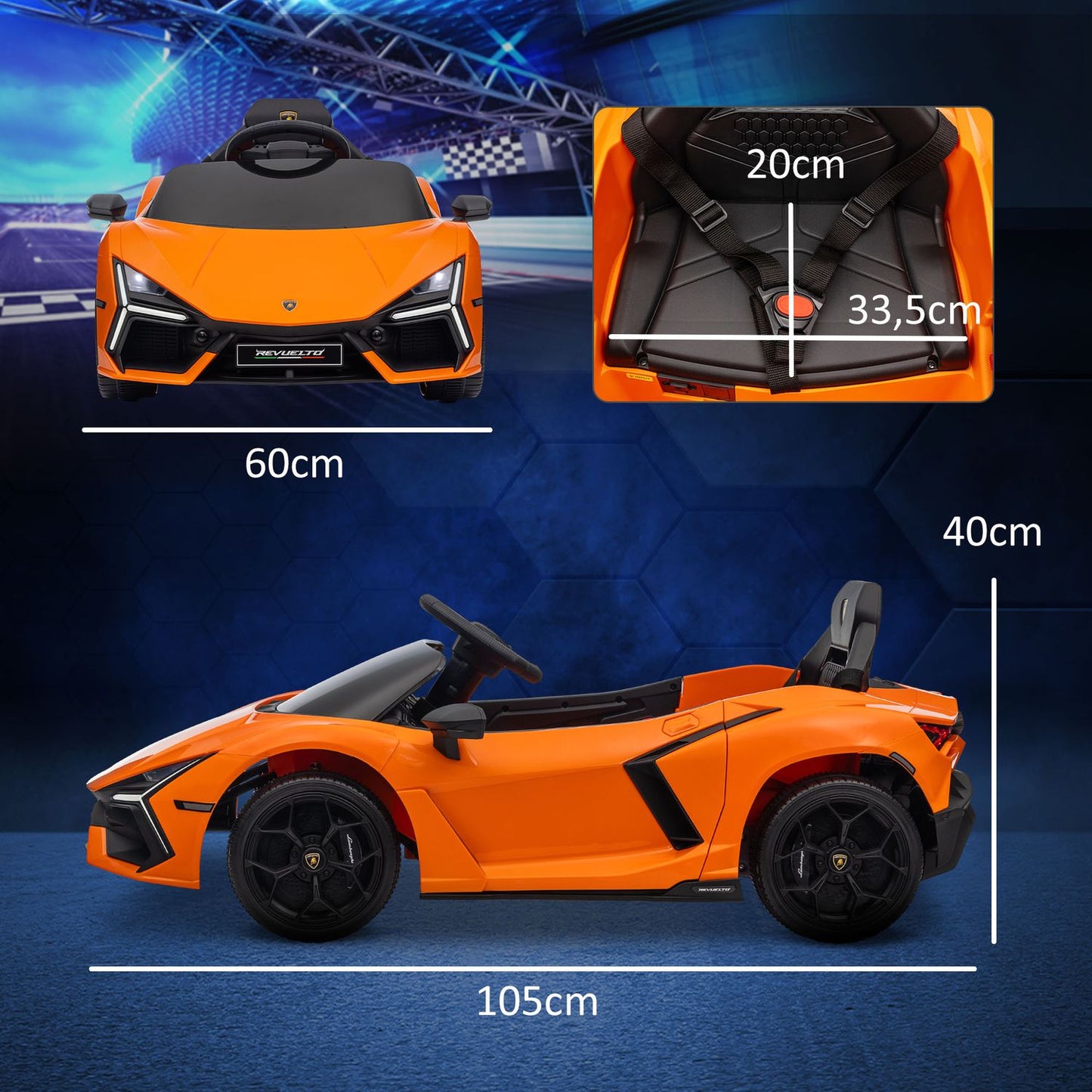 Electric car for children 12V with remote control, music, USB port, orange
