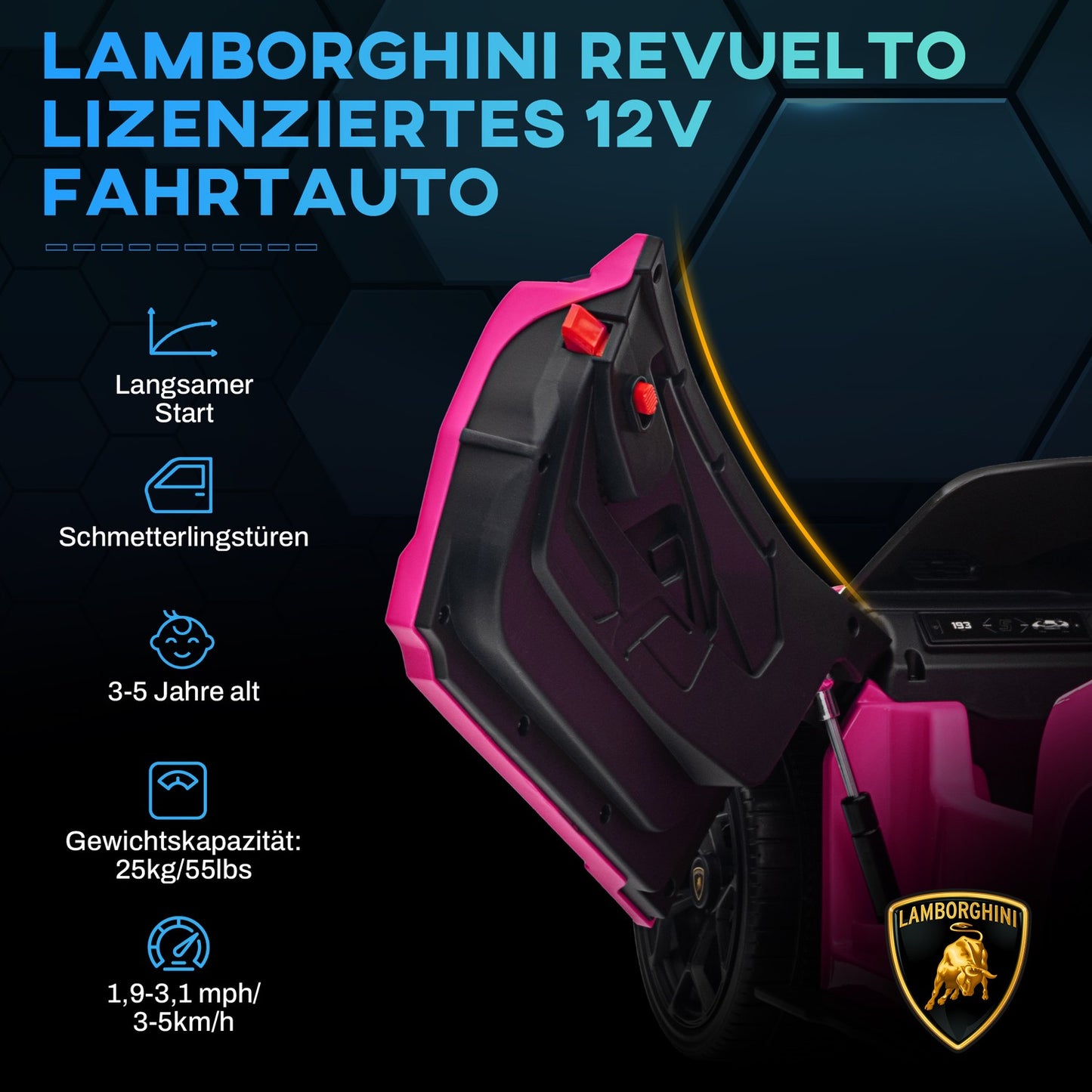 Children's 12V electric car with remote control, music and lighting