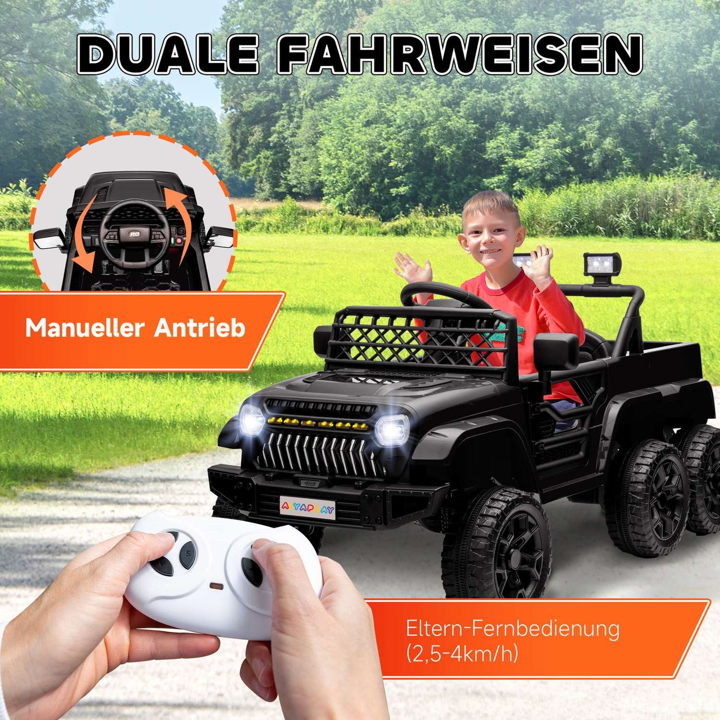 Children's 12V Electric Car, Remote Control, LED Lights, Black