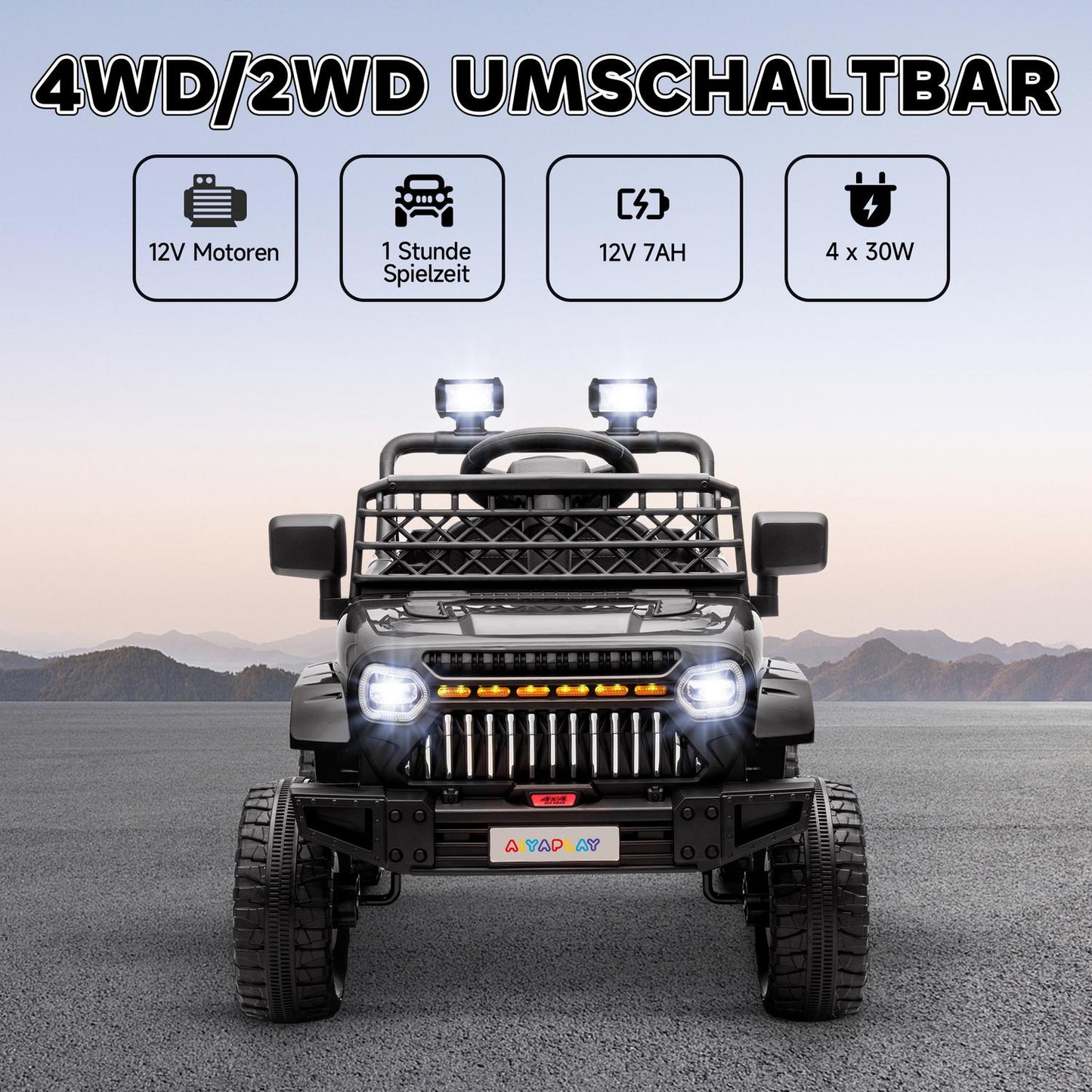 Children's 12V Electric Car, Remote Control, LED Lights, Black