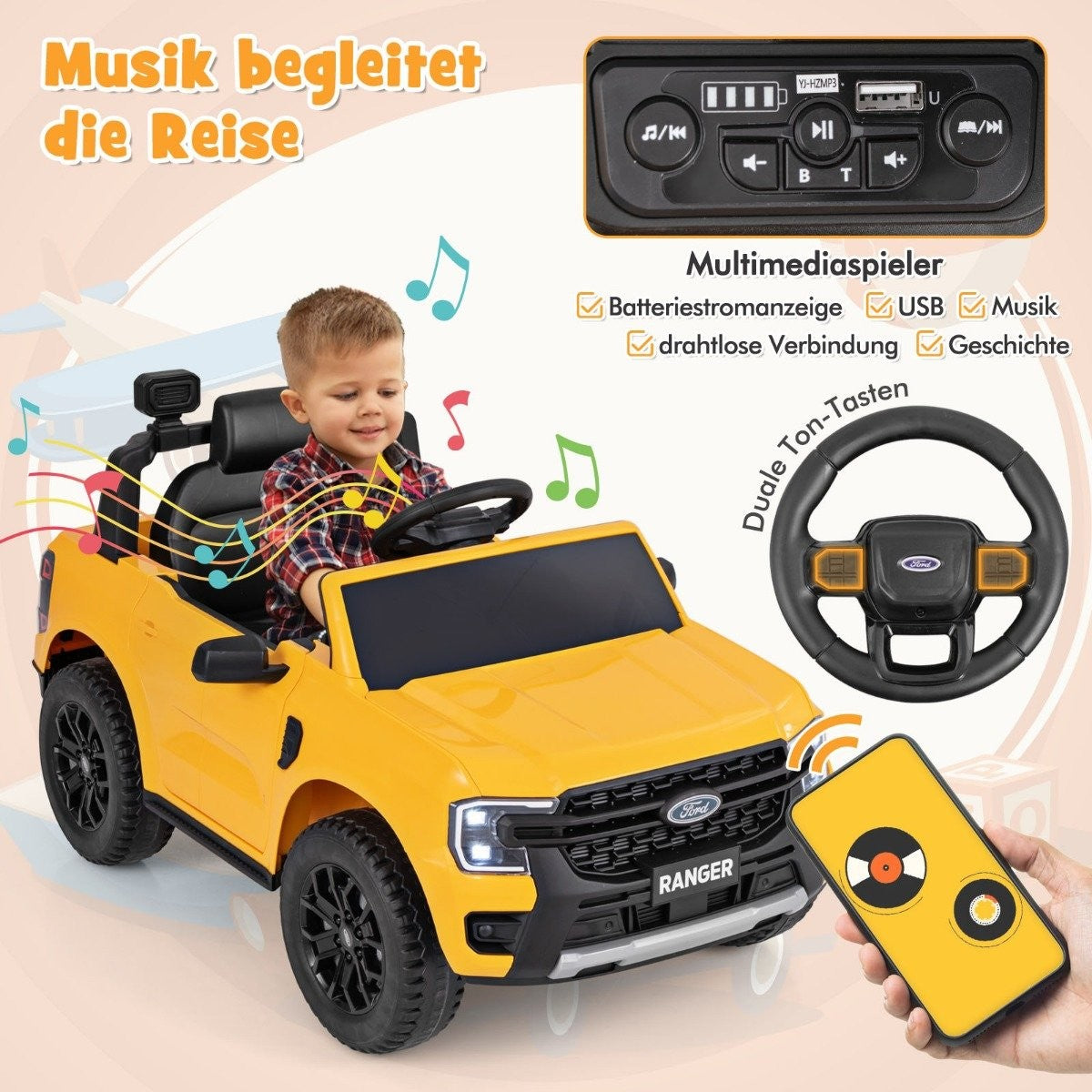 Children's electric car Ford 12V children's car electric with remote control & storage basket & USB & music yellow