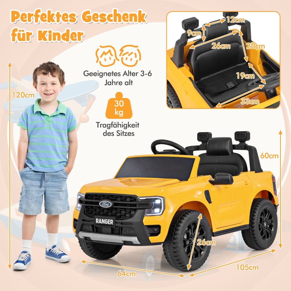 Children's electric car Ford 12V children's car electric with remote control & storage basket & USB & music yellow