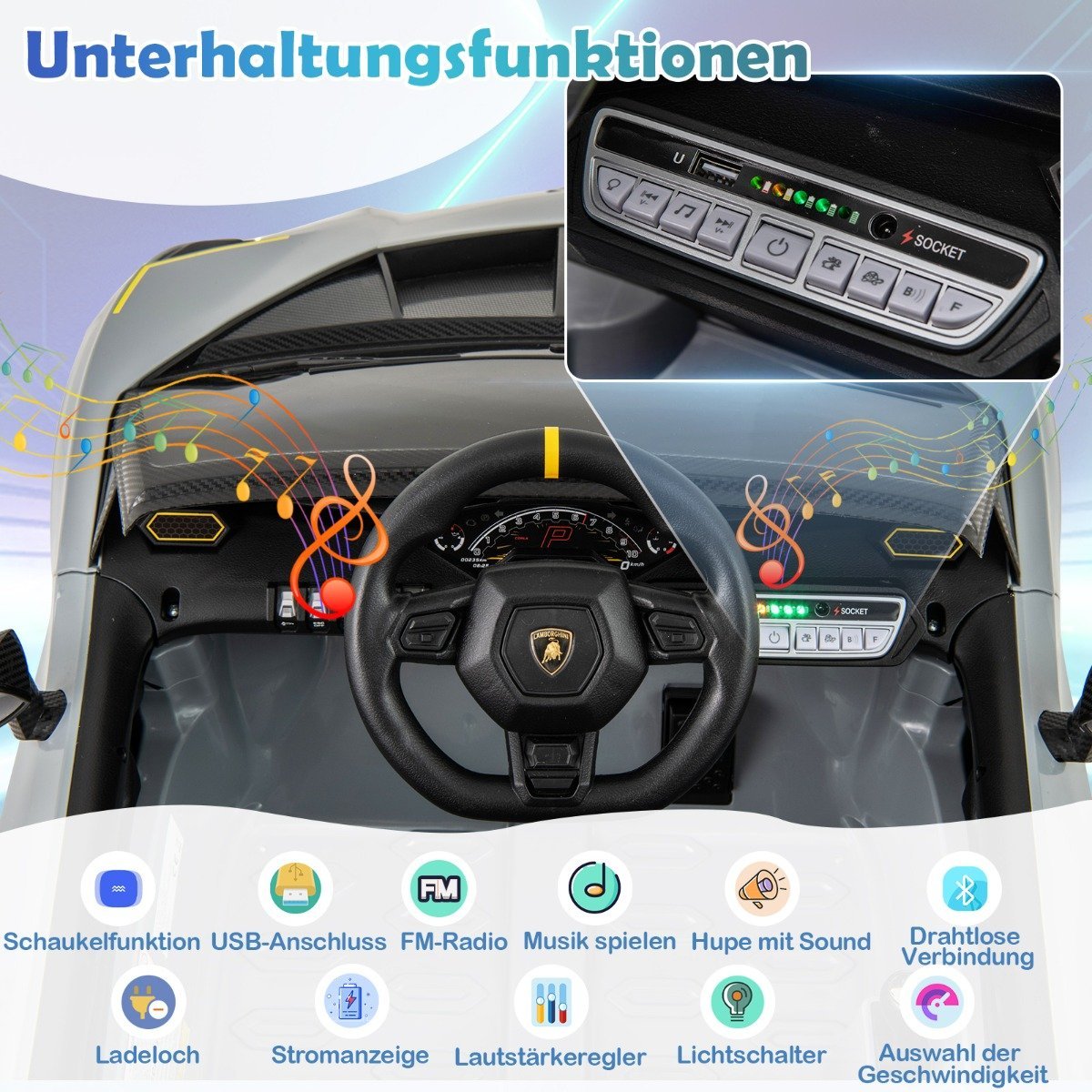 Children's electric car Lamborghini with remote control &amp; LED lights &amp; Horn children's car gray