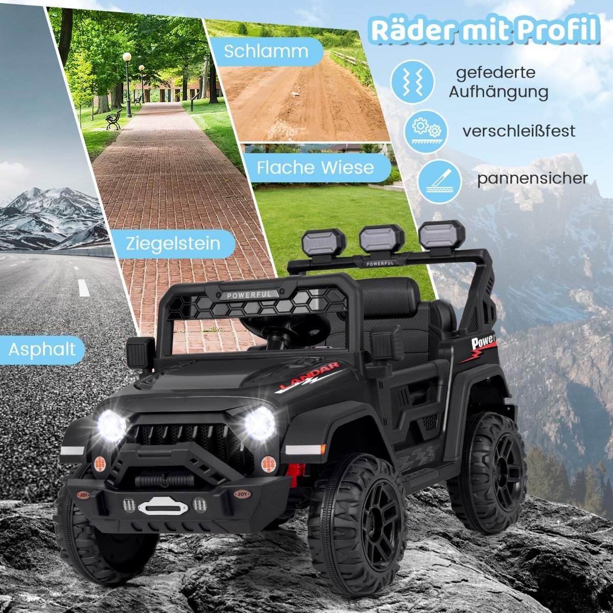 Children's electric car with 2.4G remote control &amp; USB &amp; Light &amp; Music 12V Children's Car Jeep Car Black