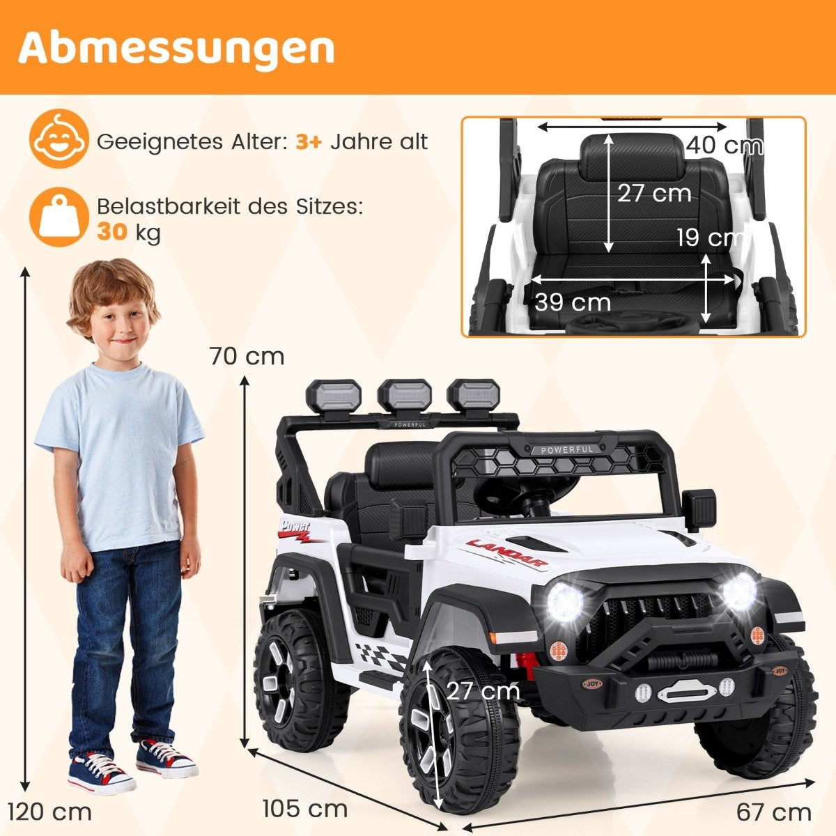 Children's electric car with 2.4G remote control &amp; USB &amp; Light &amp; Music 12V Children's Car Jeep Car White