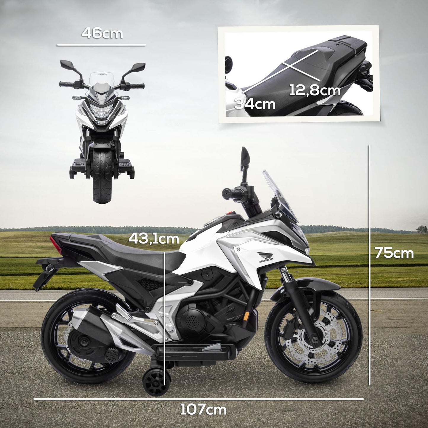 Children's 12V electric motorcycle, USB, LED, White