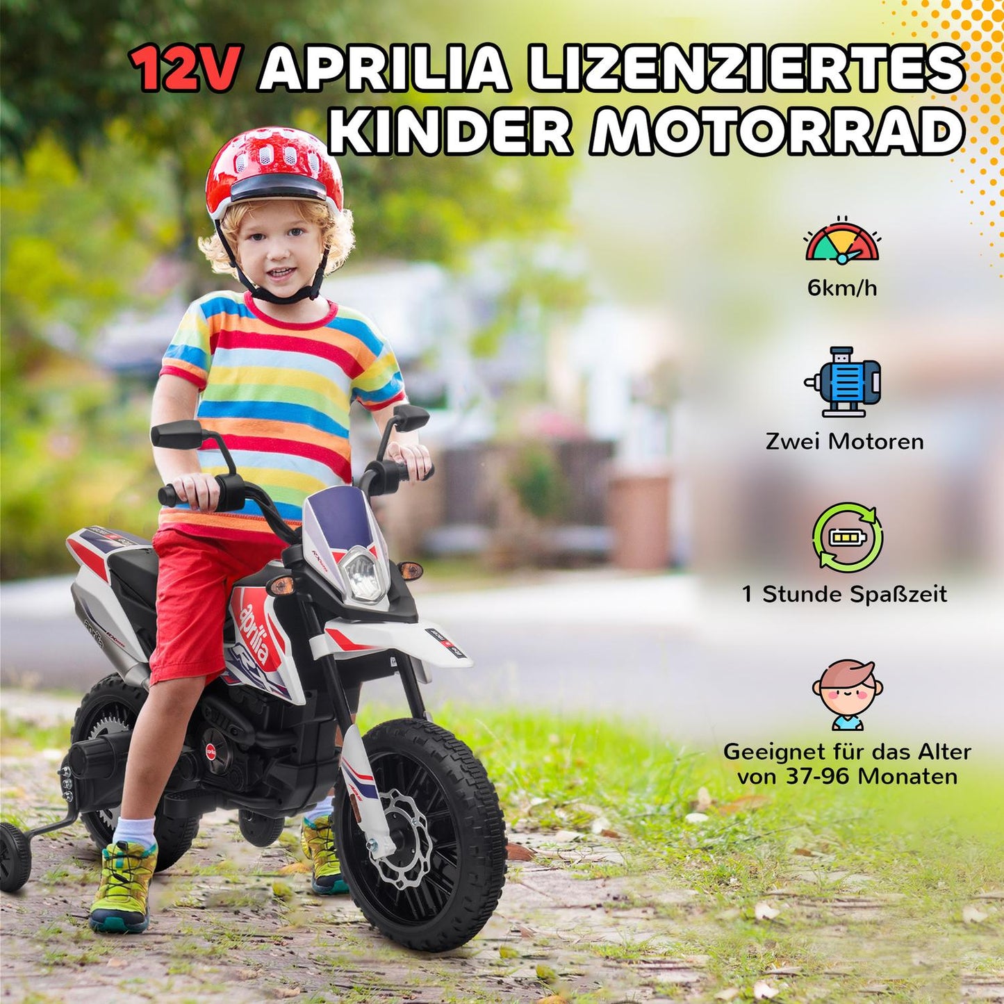 Children's 12V electric motorcycle with music, 6 km/h, White
