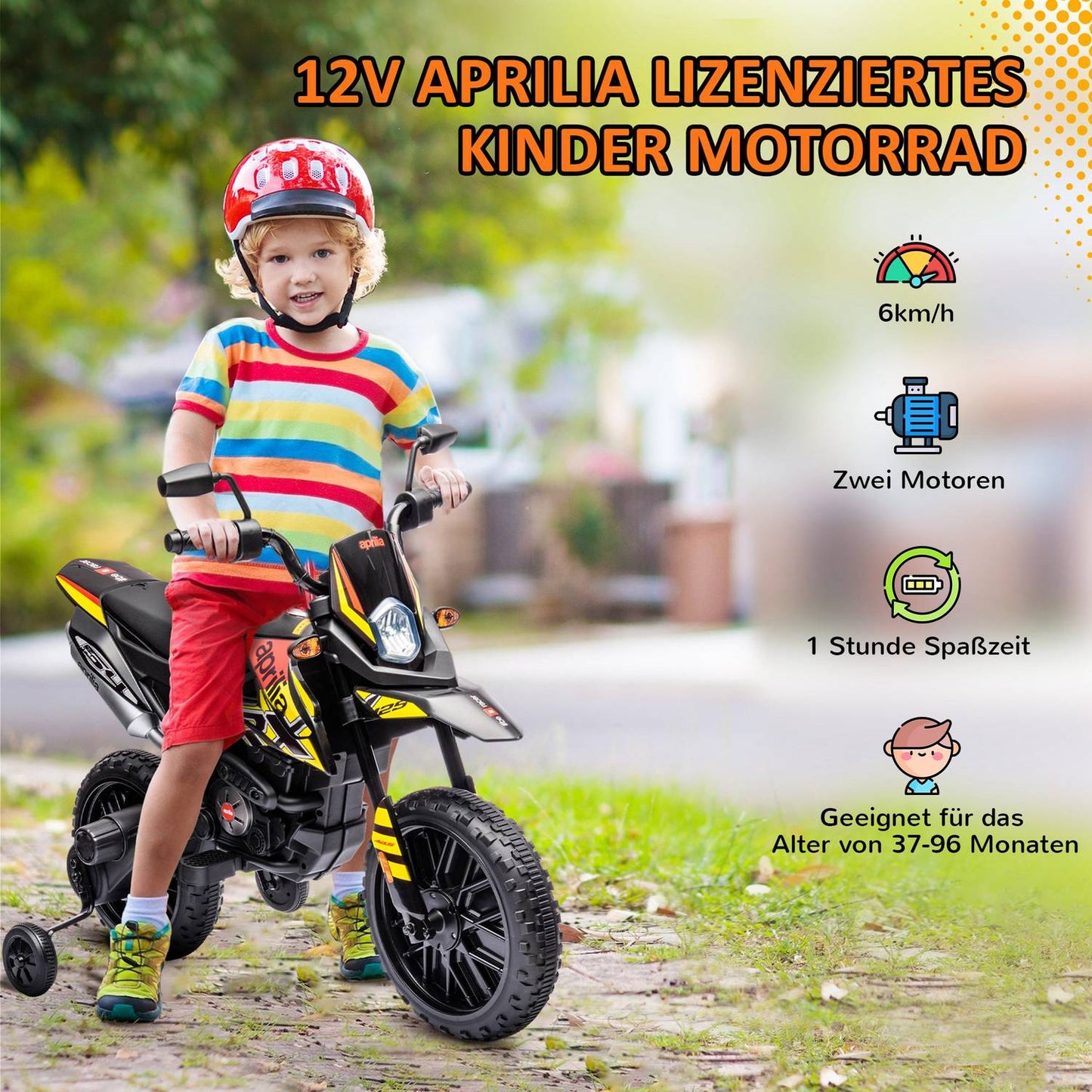 Electric motorcycle for children, 12V, music and training wheels, 6 km/h