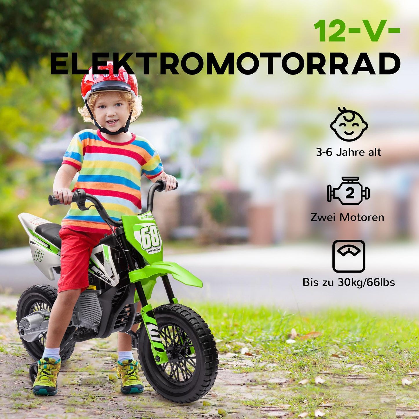 Electric motorcycle for children, 12V, music, 3-6 years, green