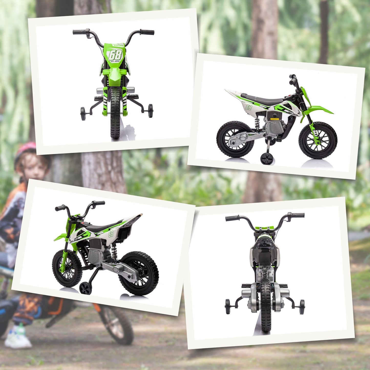 Electric motorcycle for children, 12V, music, 3-6 years, green