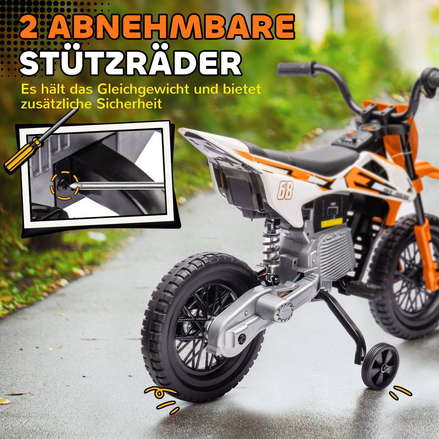 Electric motorcycle for children, 12V, Music, Training wheels, Orange