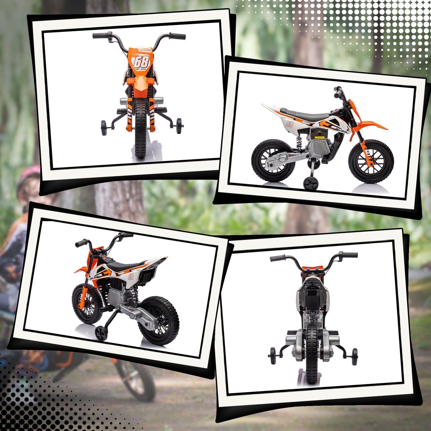 Electric motorcycle for children, 12V, Music, Training wheels, Orange