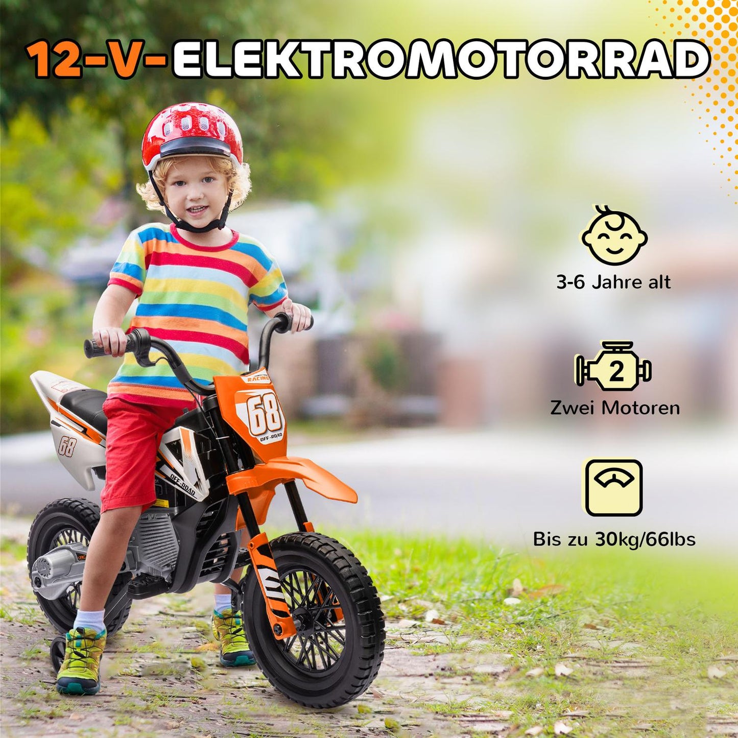 Electric motorcycle for children, 12V, Music, Training wheels, Orange