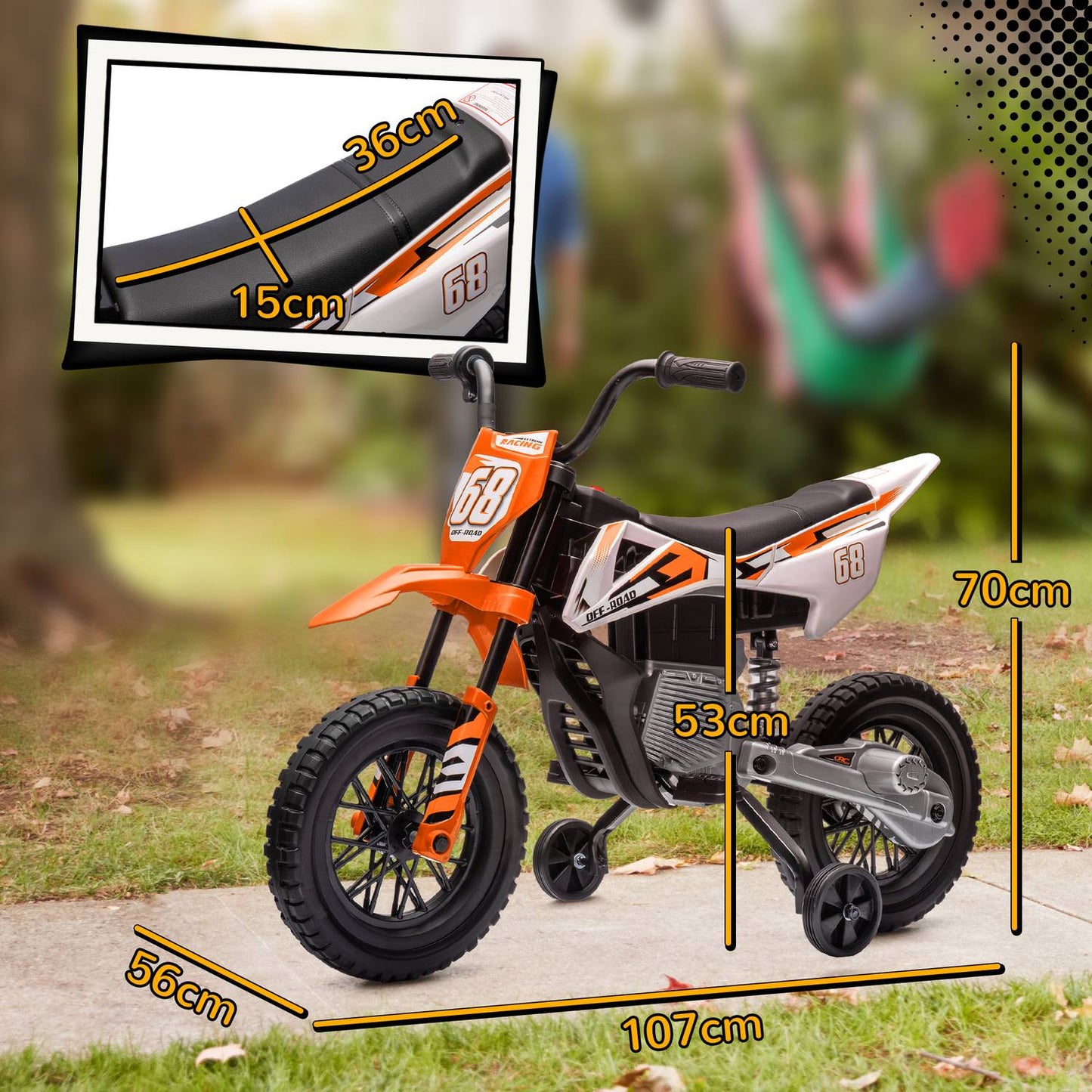 Electric motorcycle for children, 12V, Music, Training wheels, Orange