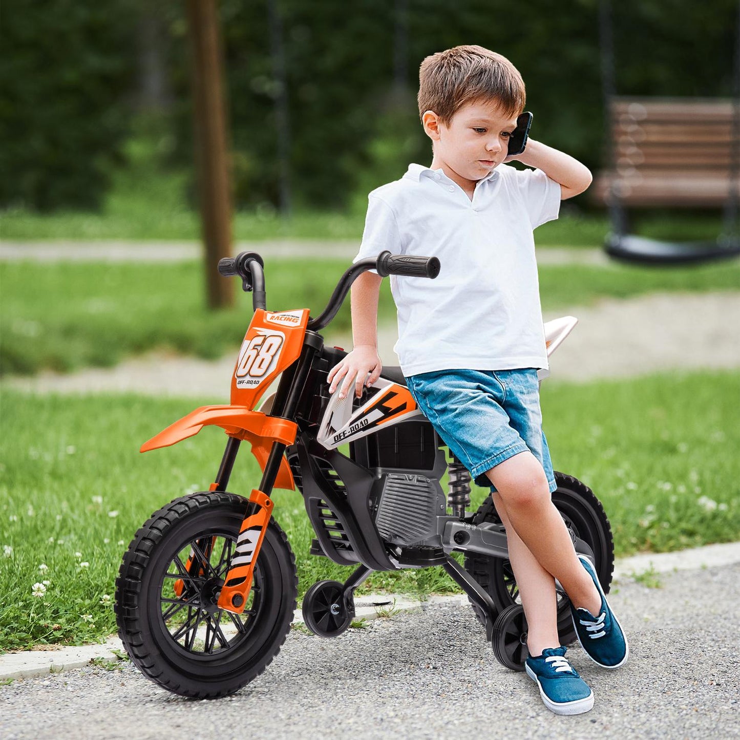 Electric motorcycle for children, 12V, Music, Training wheels, Orange