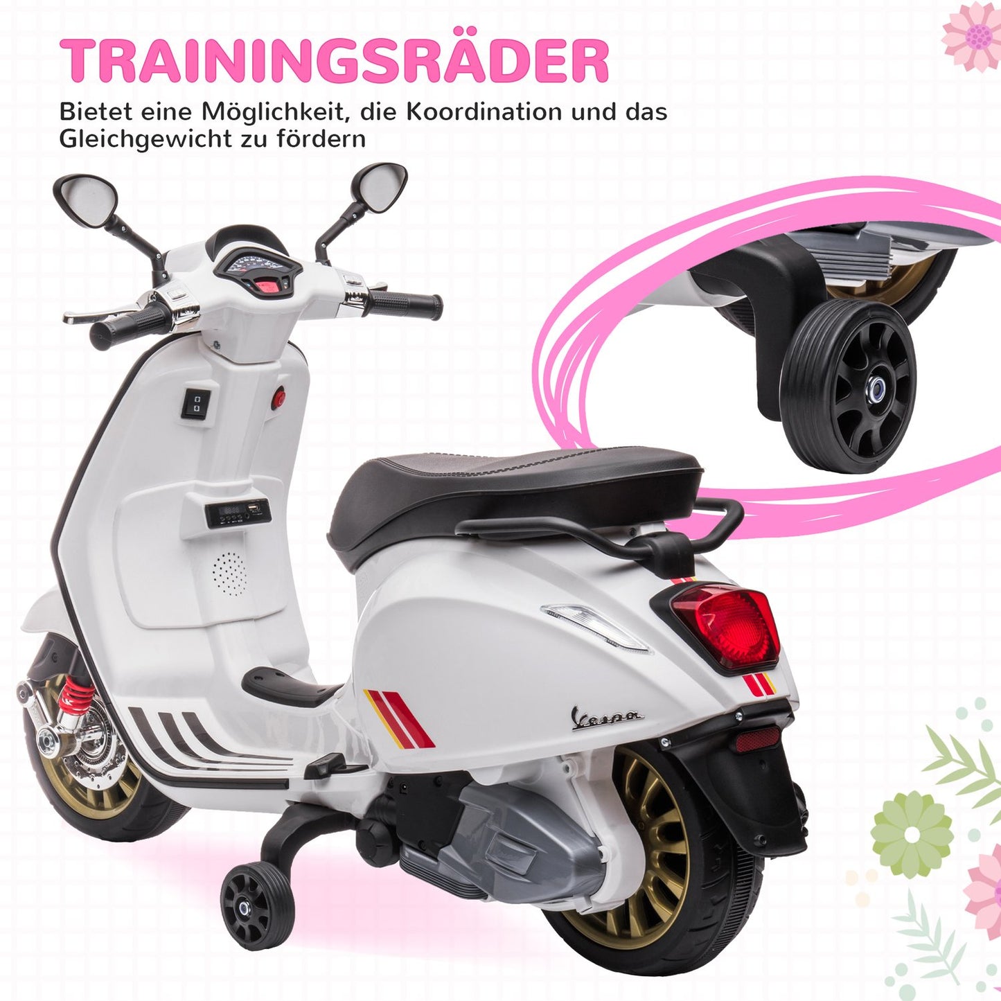 Children's 6V electric motorcycle with MP3, LED, USB, White