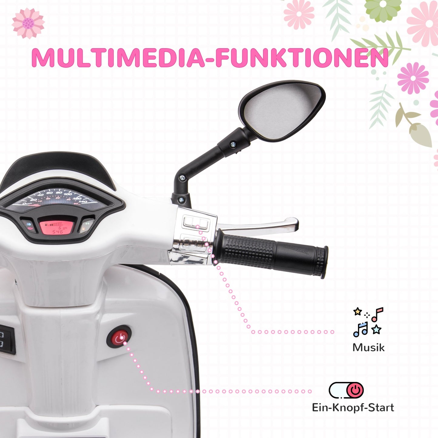 Children's 6V electric motorcycle with MP3, LED, USB, White