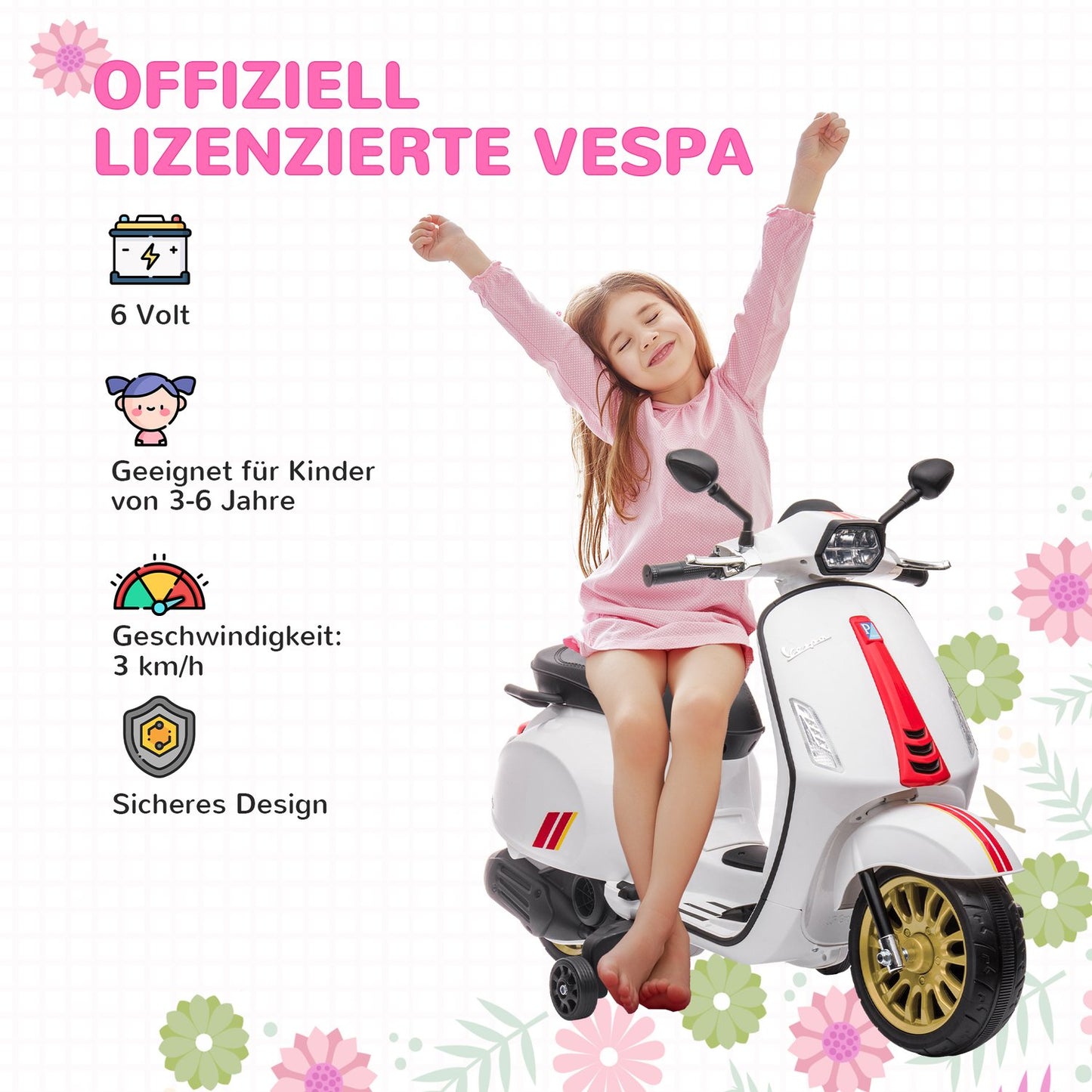 Children's 6V electric motorcycle with MP3, LED, USB, White