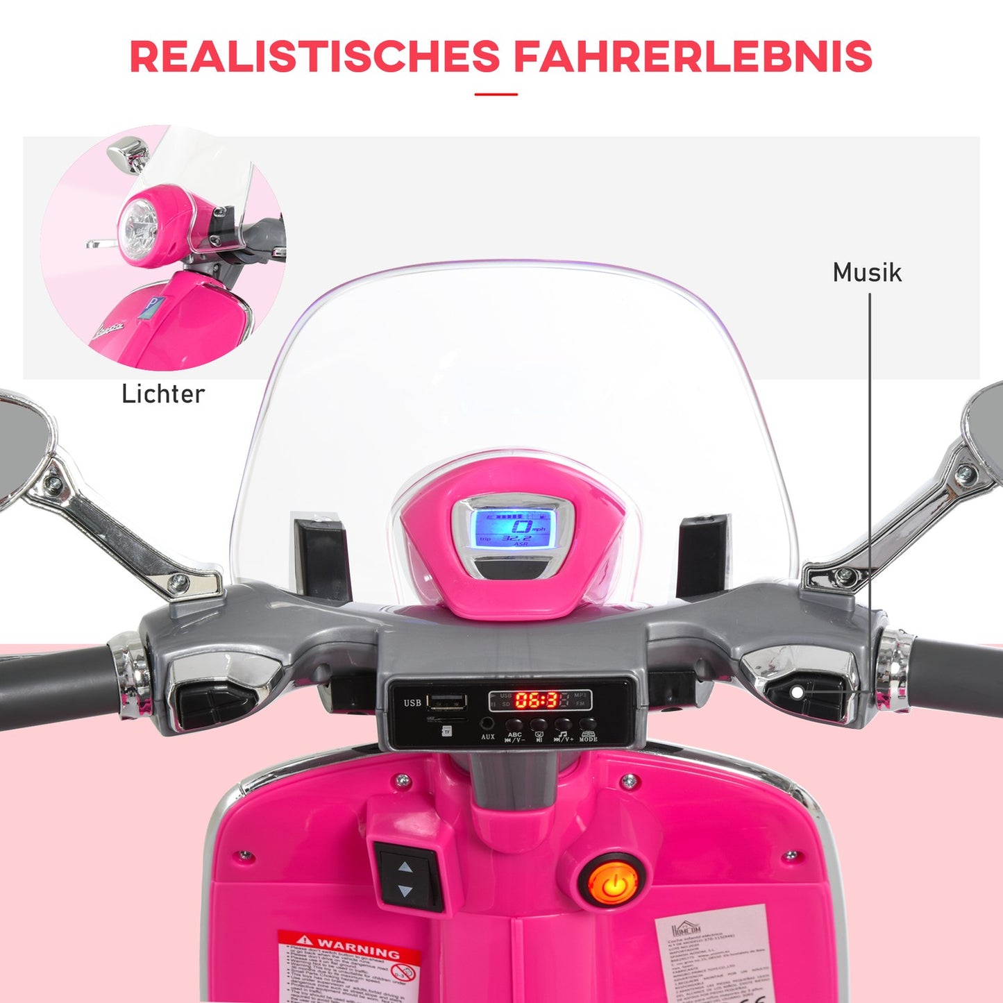 Pink 6V electric motorcycle for children with lights and music